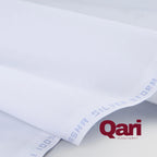 White fabric with blue printed text, soft texture, ideal for sewing and crafting projects