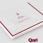 Pasha Premium Plus extra long staple cotton bedding set in elegant white packaging with burgundy accents