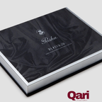 Pasha Platinum luxury bedding box with extra long staple cotton, sleek black and silver design